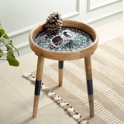 'Floral Tile-Themed Wood Accent Side Table with Resin Coating'