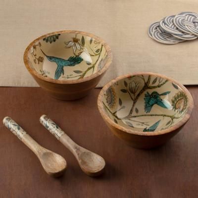 'Nature-Themed Enameled Wood Salad Bowl Spoon 4-Piece Set'