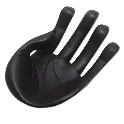 'Hand-Carved Wood Sculpture of a Hand in Black from Indonesia'