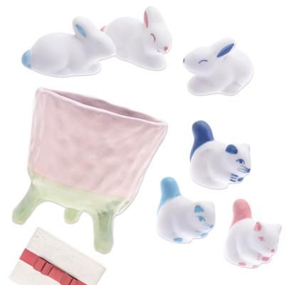 Pastel Garden,'Curated Gift Set with 6 Ceramic Figurines and Flower Pot'