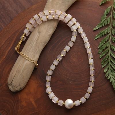 'Gold-Accented Rose Quartz Cultured Pearl Pendant Necklace'