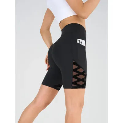 Shorts de yoga taille haute à poches en maille géométrique, shorts de compression pour femme pour l'entraînement, la gym et le cyclisme