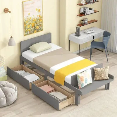 y Children's bed frame with 2 drawers, with footstool, no springs, grey, storage platform bed