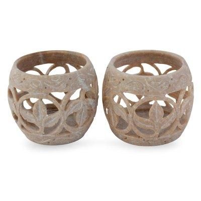 'Fig Leaf' (pair) - Handcrafted Soapstone Candle Holders Set 2