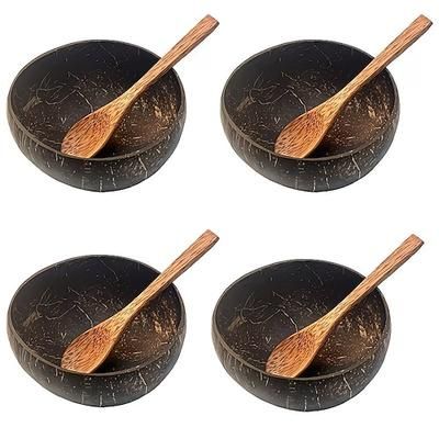 Set di 4/8 ciotole in guscio di cocco naturale con cucchiai, 4 ciotole in vero cocco e 4 cucchiai in legno di cocco per servire yogurt, insalate, gelati e dessert, stoviglie fatte a mano per