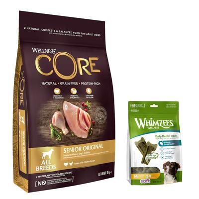 10kg All Breeds Senior Original Dry Dog Food Wellness Core + 14 pieces Soft Size M: for medium-sized dogs Dog Snacks Whimzees