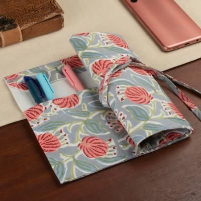 'Spring-Patterned Block-Printed 100% Cotton Roll Pencil Case'