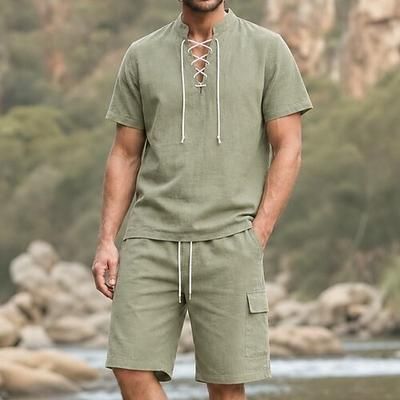 Set Medievale Rinascimento T-shirt Shorts Vichingo Tessuto misto 95% lino Costume Per uomo Halloween Carnevale LARP Fiera Rinascimentale Vacanza al Mare Adulti Top Shorts Estate