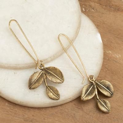 'Autumn-Themed Leaf-Shaped Antiqued Brass Dangle Earrings'