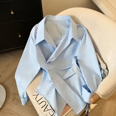 Polo à manches longues asymétrique pour femme, tunique blanche élégante, haut basique, chemisier, vêtements de travail tendance pour femmes