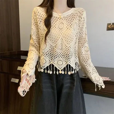 Cardigan à manches longues en dentelle au Crochet pour femmes, Style doux, ample et à la mode, haut fin, tendance