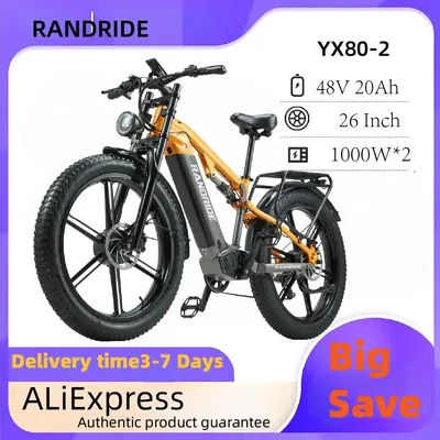 RANDRIDE YX80-2 1000W*2 Mountain Electric Bike 48V 20AH Battery 26 Inch Fat Tire Off-Road Electric Bicycle for Adults