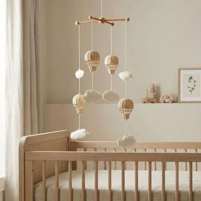 Natural Woven Rattan Hot Air Balloon Hanging Ornament Wooden Cloud Pendant Handmade Children Room Decoration Baby Soothing Toy