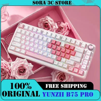 YUNZII B75 PRO White Heart Mechanical Gaming Keyboard Gasket 75 Knob RGB Keyboard Triple Mode Wireless Hot-Swap Creamy Keyboard