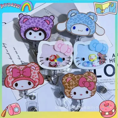 Kuromi Leopard Print Retractable Badge Reel Cute Acrylic Id Holder For Nurse Doctor Student Medical Office Staff Name Tag Clip