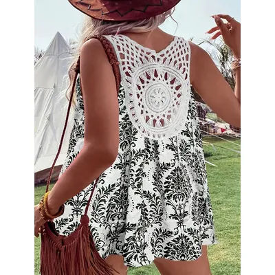 Haut sans manches patchwork imprimé vintage pour femme, décontracté et élégant, grande taille, pour un vêtement d'été.