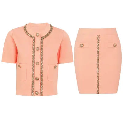 Ensemble femme 2687, haut en tricot élastique à col rond et manches courtes, cardigan + jupe courte, nouvelle mode de haute qualité