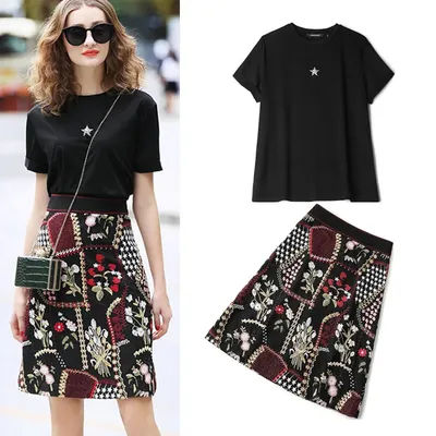 Haute qualité nouvelles femmes diamant perles étoiles t-shirts hauts chemisiers dames et noir luxe broderie florale jupe costume ensemble NS996