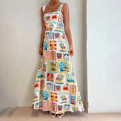 VEITCHE plante de fruits imprimer vacances femmes Robe taille haute mince sans manches a-ligne Robe suspendue col carré été 2025 Robe