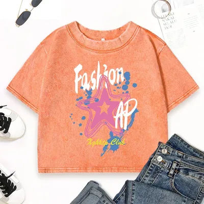 Graffiti mode étoile pentagramme imprime lavé t-shirts femmes Y2K couverture en coton col rond t-shirt style décontracté mince été à manches courtes