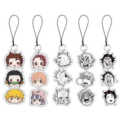 Demon Slayer Keychain Cartoon Acrylic Kamado Tanjirou Hashibira Inosuke Anime Long Pendant Mobile Phone Chain Car Key Ring Gifts