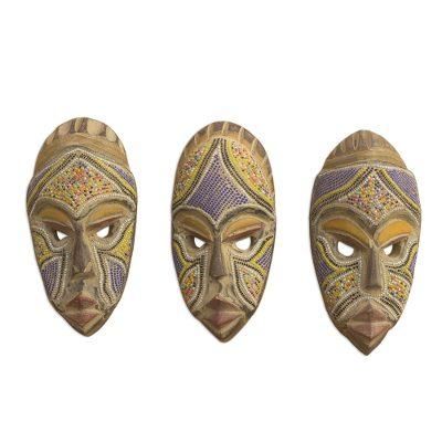 Wise Counsel,'Artisan Crafted Small Wood Masks with Glass Beads (Set of 3)'