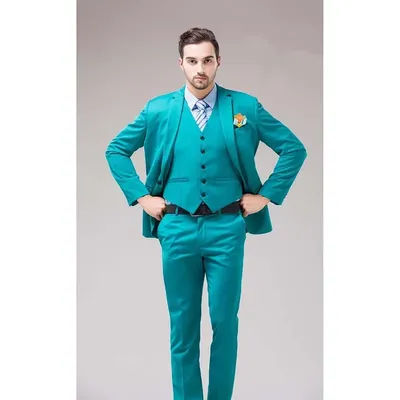 Costume de marié vert bleu turquoise à revers cranté pour homme, idéal pour mariage et dîner (Veste+Pantalon+Gilet)
