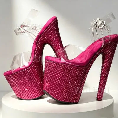 Sandales à talons ouverts Rose Pailleté avec Cristaux et Diamants pour Femme, Ornées de Bijoux Bleus, Verts et Jaunes, Boucle Personnalisée, Talon de 20 cm (8 Pouces), Chaussures de Pole Dance