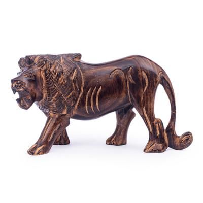'Artisan-Made Dark Brown-Toned Sese Wood Fiery Lion Sculpture'