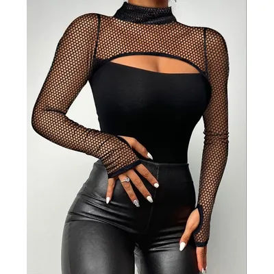 Haut femmes 2024 printemps mode contraste maille Sexy découpe à manches longues décontracté col montant plaine maigre quotidien t-shirt haut Y2K vêtements