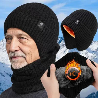 Hiver hommes plus épais bonnet chapeau Protection des oreilles tricoté casquettes laine cou écharpe casquette ensemble extérieur coupe-vent en peluche chaud Skullies bonnets