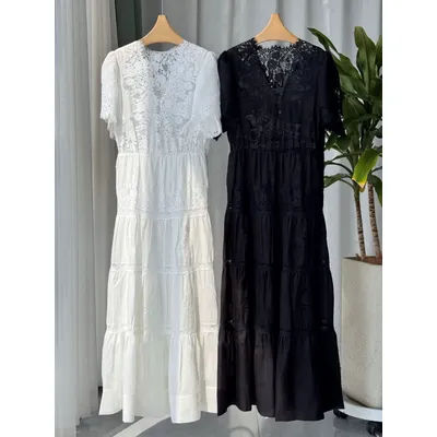 Robe longue femme en dentelle épissée 100% Ramie, col en V, manches courtes, taille haute, coupe ample