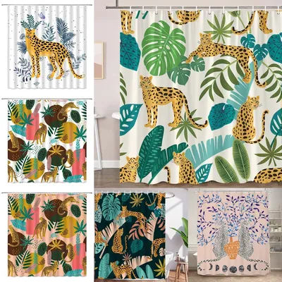 Shower Curtain Tropical Leopard Print Waterproof Polyester Bath Curtain, Boho Jungle Animal Monstera Bathroom Decor with Hooks