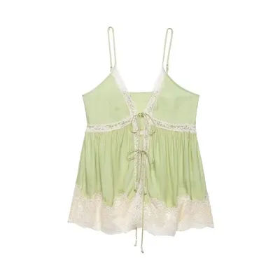 Haut Cami Vert Frais d'Été 2026 avec Dentelle, Blouse Femme à Bretelles Fines et Nœud sur le Devant, Tenue Décontractée Bohème pour Vacances à la Plage