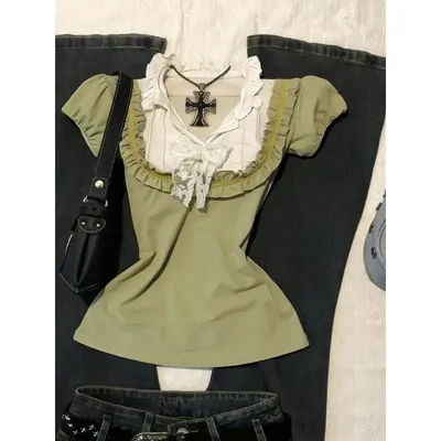T-shirts Harajuku Y2K pour femmes, style années 2000, avec bordure en dentelle, esthétique douce, vert, tendance, Kawaii, haut à volants délicats, vêtements d'été