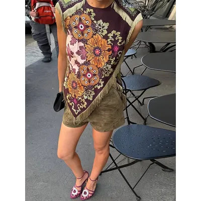 Haut à imprimé floral tendance avec franges pour femme, chemisier en satin vintage à col rond sans manches et ourlet asymétrique, hauts chics pour femme 2026