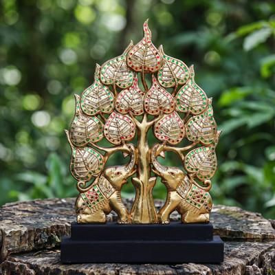 'Bodhi Tree and Elephant-Themed Mosaic Wood Sculpture'