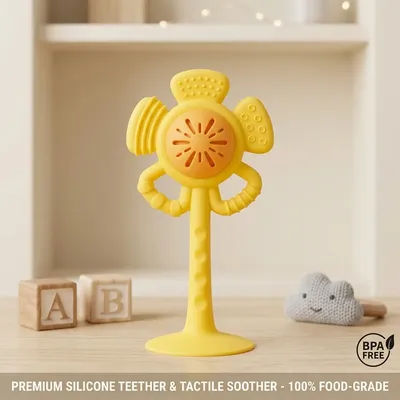 Silicone Baby Rattle Teether Toy with Suction Cup Base Flower Shape Sensory Infant Chew Toy Food Grade BPA Free