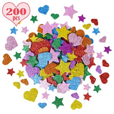 200 Pieces Colorful Glitter Foam Stickers Self Adhesive Stars Mini Heart Shapes Glitter Stickers, Kid's Arts Craft Supplies Gree