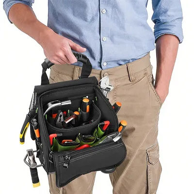 JAKAH Professional Electricians Tool Pouch, 21 Pocket ,Ergonomic Rubber Handle, Padded Shoulder Strap Black Green JK-208