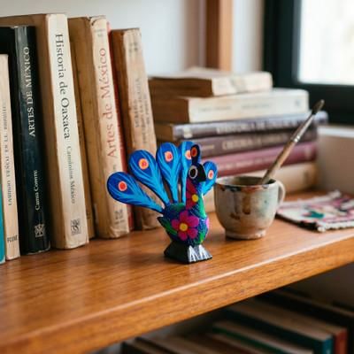 'Hand-Painted Sapphire and Fuchsia Alebrije Peacock Figurine'