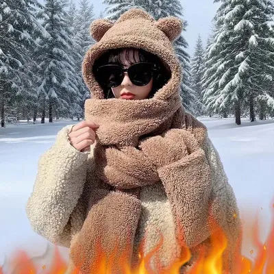 1-2 pièces automne hiver ours chapeau écharpe et gants 3-en-1 peluche Double couche chaud chapeau Protection des oreilles chapeau pour temps froid