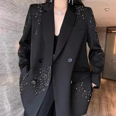 Noir haute qualité strass petit costume veste femme manteaux 2025 printemps automne Double boutonnage ample décontracté mode Blazer hauts