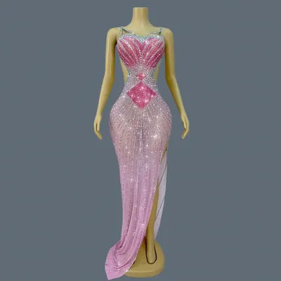 Robe de soirée rose dos nu, taille spectacle, cristaux scintillants, robe de Cocktail, de fête d'anniversaire, tapis rouge, robe longue Sexy pour femmes, Yucha