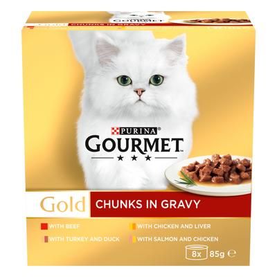 192 x 85g Mega Pack Beef, Turkey & Duck, Chicken & Liver, Salmon & Chicken Tender Chunks Gourmet Gold Wet Cat Food
