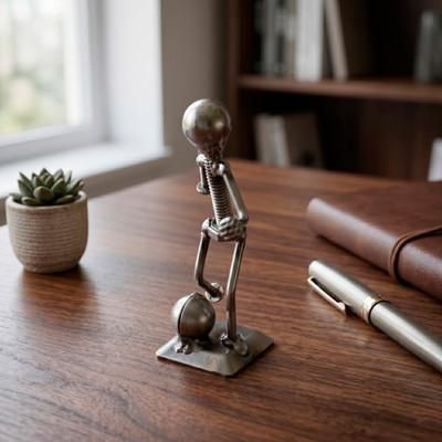 Strike a Goal,'Abstract Recycled Metal Figurine of Soccer Player with Ball'