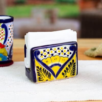'Hand-Painted Talavera Blue and Yellow Ceramic Napkin Holder'