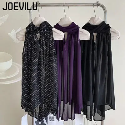 JOEVILU sans manches à lacets licou chemises en mousseline de soie pure Protection solaire couverture ample décontracté nœud papillon Blouse femmes Sexy hauts