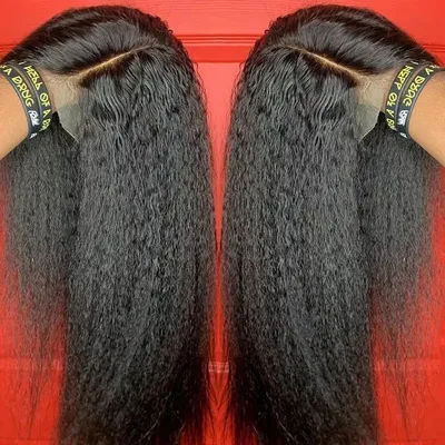 Yaki Black 30Inch Long Kinky Straight Lace Front Wig For Women With Baby Hair Preplucked Glueless Daily Wear Wig