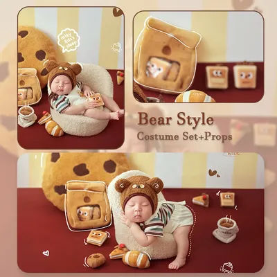 0-1 Month Bear Theme Newborn Photography Props for Baby Knitted Baby Outfit and Cookies Bread Coffee Toy with Matching Bear Hat